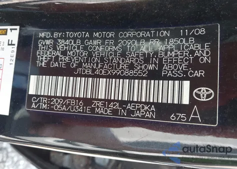 2009 Toyota Corolla Le from USA, damaged, VIN JTDBL40EX99088552